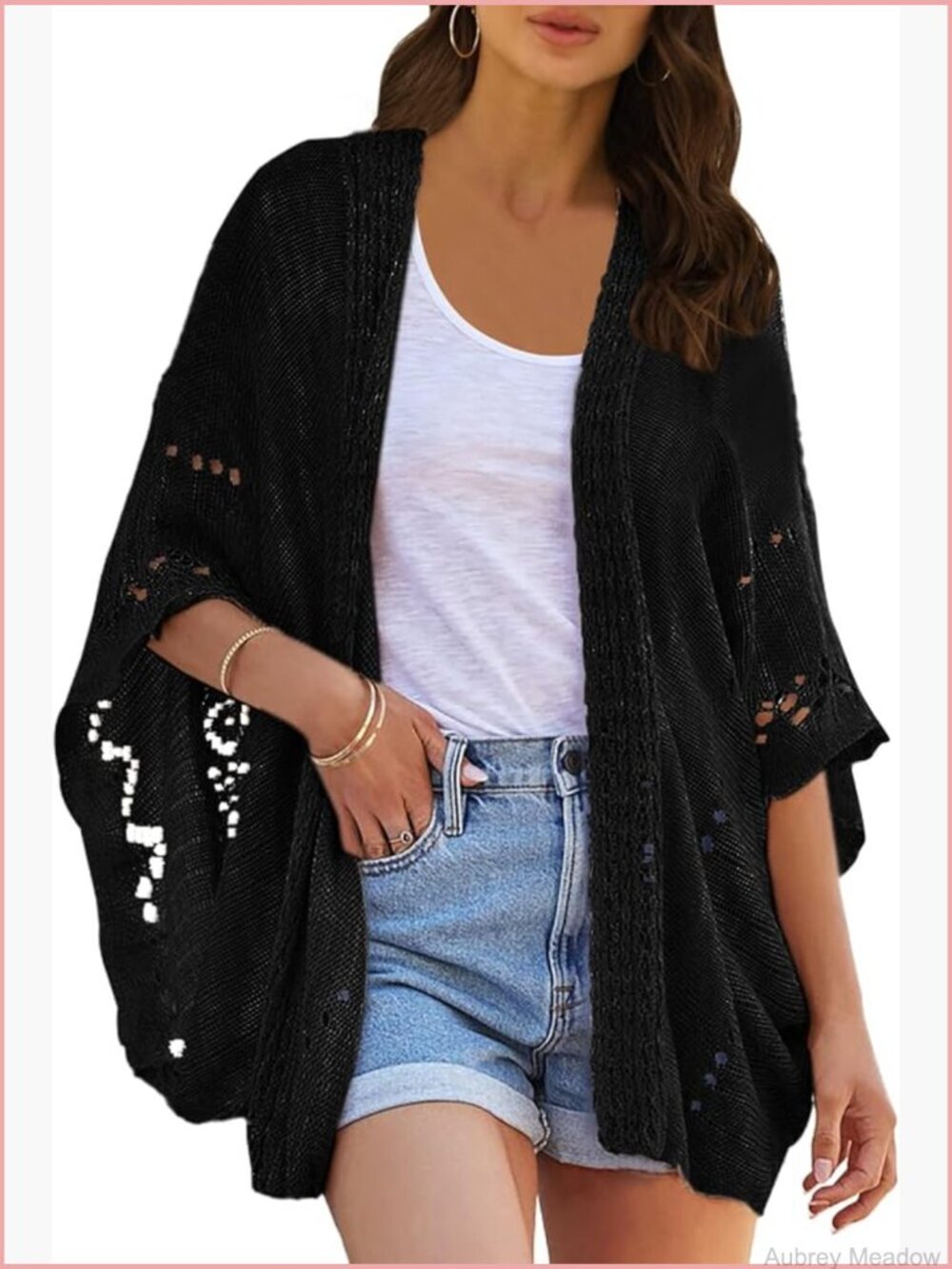 Boho Kimono Crochet Cardigan Open Front Batwing Sleeve Lightweight Knit Shawl